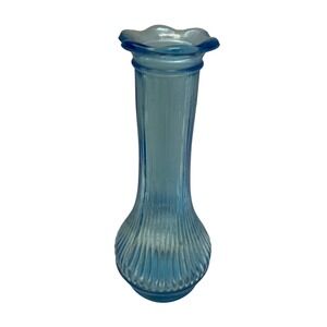 Randall VTG Blue Glass Bud Vase Ribbed Ruffled Rim Vintage 6.5 Inch MCM Decor